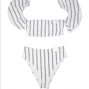 Forever 21 2pc Bikini high waisted swimsuit size L blue and white stripe New tag